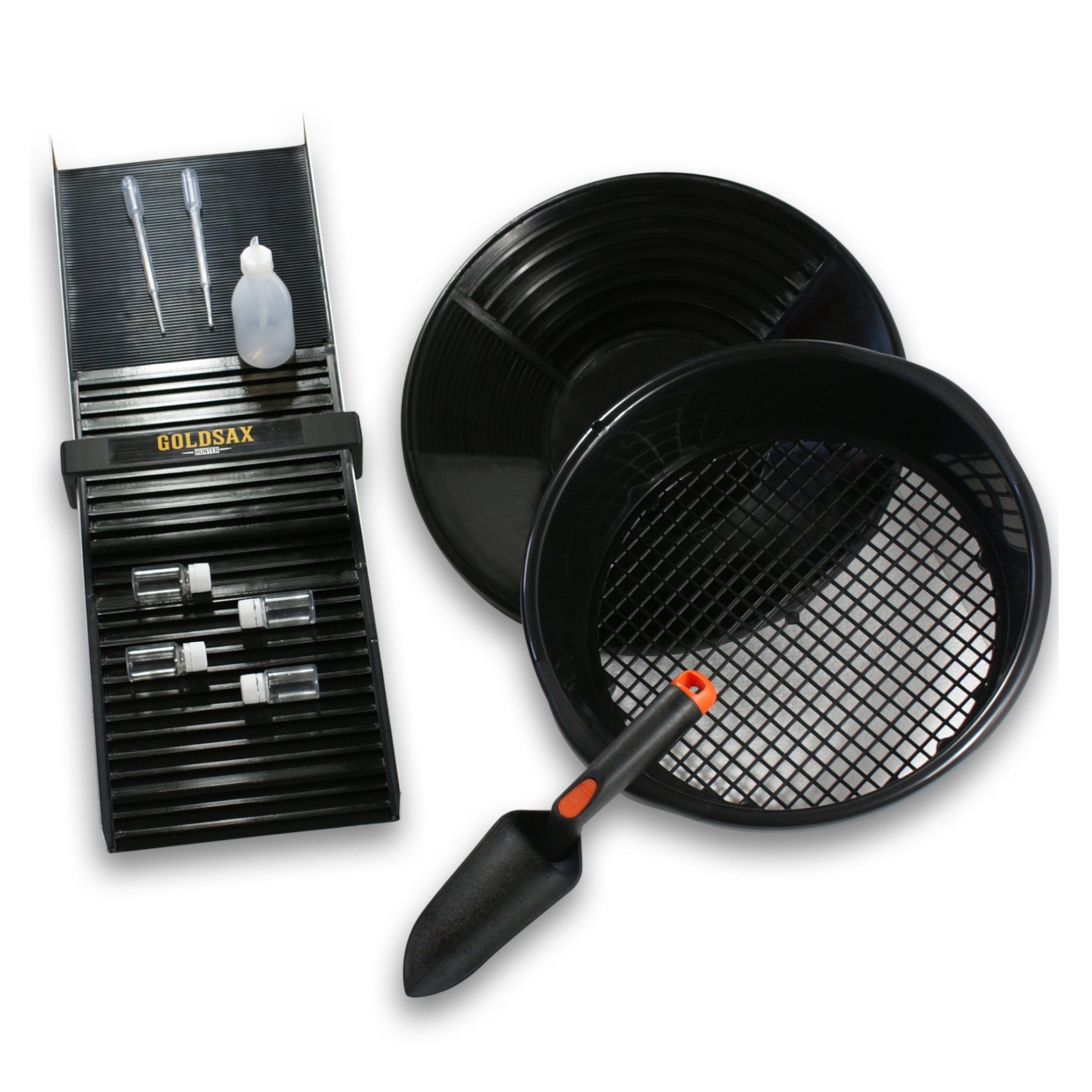 Produktbild von Goldwasch-Set – 260mm Grüne Goldpfanne, ABS, 90° Rillen, Für Flüsse & Bäche, Leicht & Robust