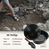 Goldwasch-Set 10-teilig – Pfanne 38cm, Sieb, Schaufel, Sniffer, Pipetten, Gläser GoldSax